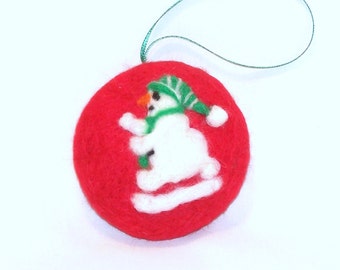 Needle Felted Christmas Ornament: Snowman on Red Wool
