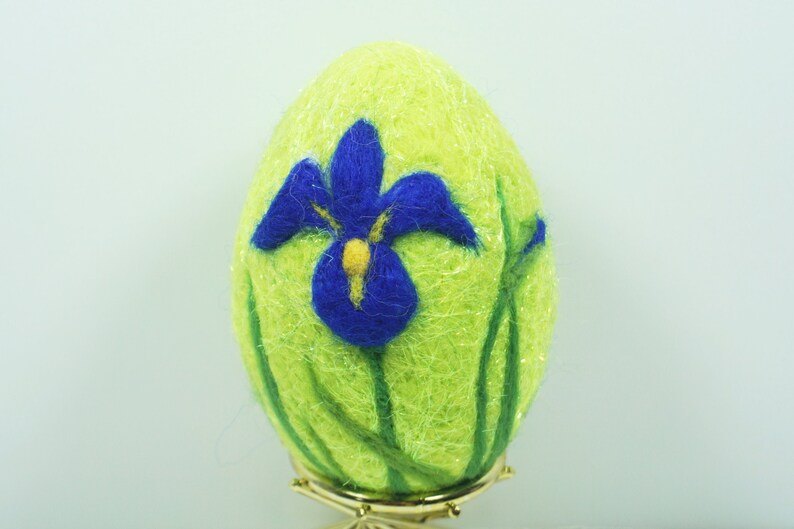 Easter Gift Japanese Iris on Chartruse Sparkly Egg Easter Felt Large Needle Felted Easter Egg Needlefelt Decoration