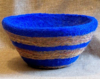 Needle Felted Wool Bowl: Blue & Brown Striped Vessel