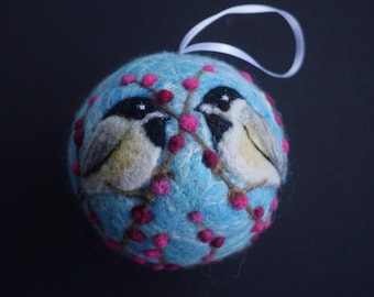 Needle Felted Christmas Ornament with Two Chickadees on a Berry Bush, a Beautiful Gift