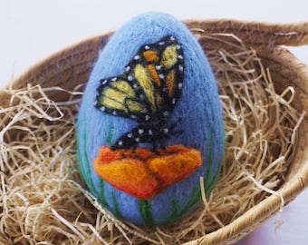 Easter Egg - Needle Felted Wool Egg - Butterfly on Flower - Monarch - Needlefelt - Easter Gift - Decoration - Extra Large Egg - Easter Felt