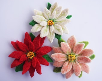 Needle Felted Poinsettia Pin, Christmas Brooch in White, Red or Pink