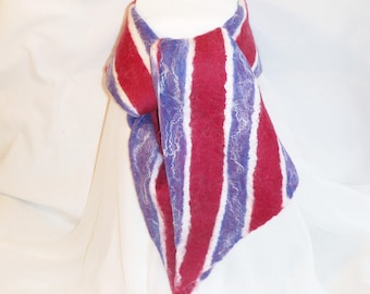 Felted Wool Scarf Merino  - Cranberry Red, White, and Periwinkle Blue Stripes - Gift for Her - Winter Scarf -  Felt Scarf