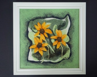 Needle Felted Wool Painting: Black Eyed Susans Floral Fiber Art