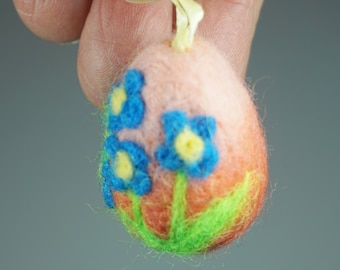 Needle Felted Easter Egg Ornament: Peachy Orange Wool with Forget-Me-Not Flowers