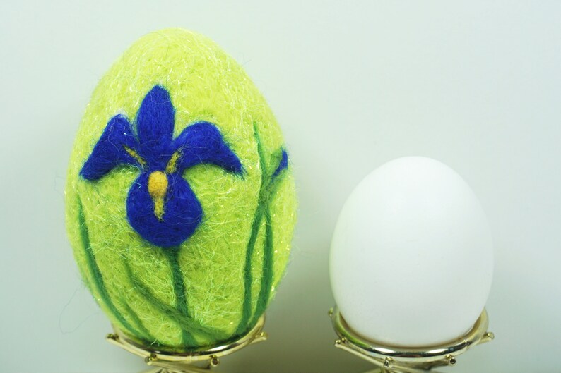 Easter Gift Japanese Iris on Chartruse Sparkly Egg Easter Felt Large Needle Felted Easter Egg Needlefelt Decoration