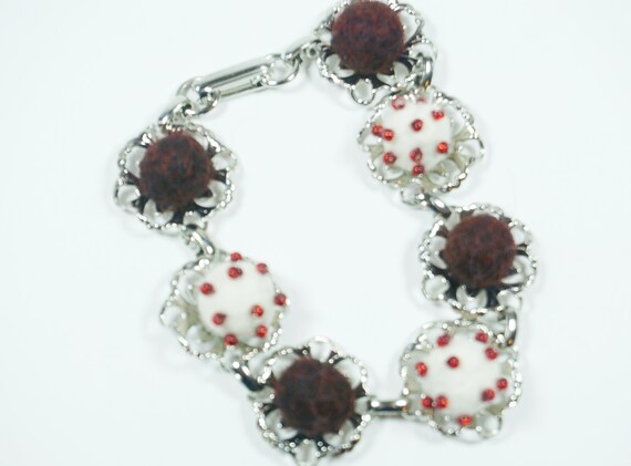 Bracelet Needle Felted Burgundy White on Silver Tone Costume