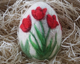 Needle Felted Easter Egg: Sparkly White Wool with Red Tulips