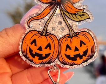 Halloween fall pumpkin bow badge reel, badge
