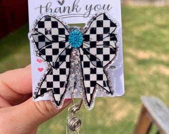 Checkered bow badge-reel, turquoise stone badge, badge holder