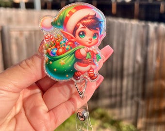 Christmas Elf Badge Reel, Retractable Belt Clip