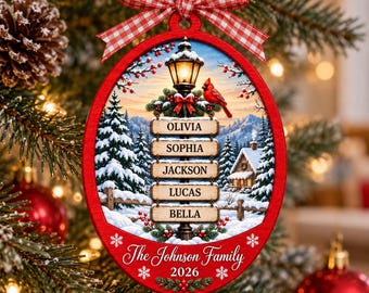 Personalized Family Christmas Ornament, Custom Names & Year, Cardinal Lamppost Winter Scene, Wooden Oval Holiday Keepsake for Grandparents