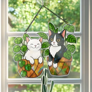 White Cat & Tuxedo Cat Plant Pot Ornament, Cat ACRYLIC Window Hanging, Hologram Acrylic, Cat Lover Gift, Plant Decor, Gift For Mom
