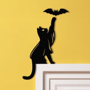 Funny Black Cat Decor Sign, Halloween Cat Ghost with Bat, Door Frame Decor, Halloween Door Corner Wood Sign, Cat Door Topper, Christmas Gift