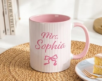Personalized Teacher Name Coffee Mug, Custom Coquette Bow Cup, Teacher Appreciation Gift, Back to School Teacher Gift