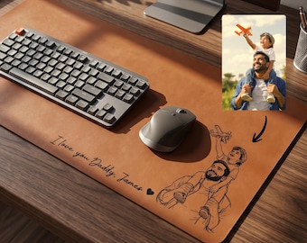 Personalized Leather Desk Mat from Photo, Custom Line Art Mouse Pad for Dad, Father’s Day Gift for Husband, Daddy Picture Desk Pad Mouse Mat