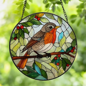 Robin Bird Stained Glass Suncatcher, Michigan Bird Flower Natural Art, Anniversary Gift Birthday Gift For Mom Grandma Gardening Lover Gift