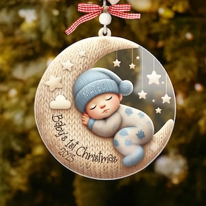 Baby erstes Weihnachten Acryl Ornament, Mond schlafend Design, personalisierte Andenken Ornament, Einzigartiges Geschenk zur Geburt, Baby Geschenkidee, Weihnachtsdekor