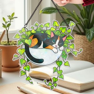 Calico Cat Sleeping on Ivy Hologram Ornament, Cat ACRYLIC Window Hanging, Plant Lover Gift, Ivy Plants Decor, Cozy Cat Decor, Gift For Mom