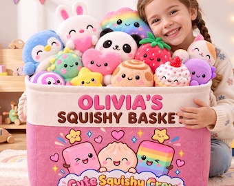 May include: A rectangular pink and white fabric storage basket filled with various plush toys. The basket features the text 'OLIVIA'S SQUISHY BASKET' and 'Cute Squishy Crew' with colorful cartoon illustrations of a pink square, a dumpling, and a rainbow block.