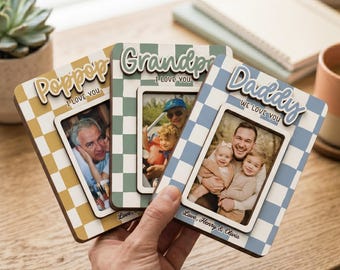 Aimant photo à carreaux pour réfrigérateur, cadre photo personnalisé, cadeau fête des pères pour papa et grand-père, cadre en bois pop-pop, cadeau souvenir de famille