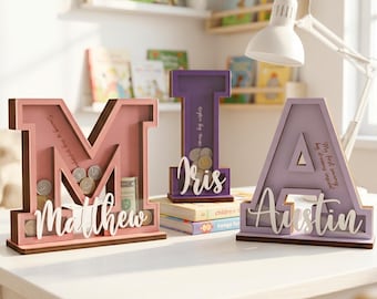Personalized Letter Piggy Bank, Custom Name Money Box for Kids, Alphabet Wooden Savings Bank, Baby First Birthday Gift, Nursery Decor