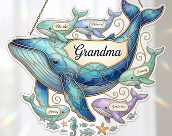 Personalized Grandma Whale Suncatcher, Custom Name Grandkids Gift, Ocean Whale Acrylic Hanging, Grandma Gift from Grandchildren