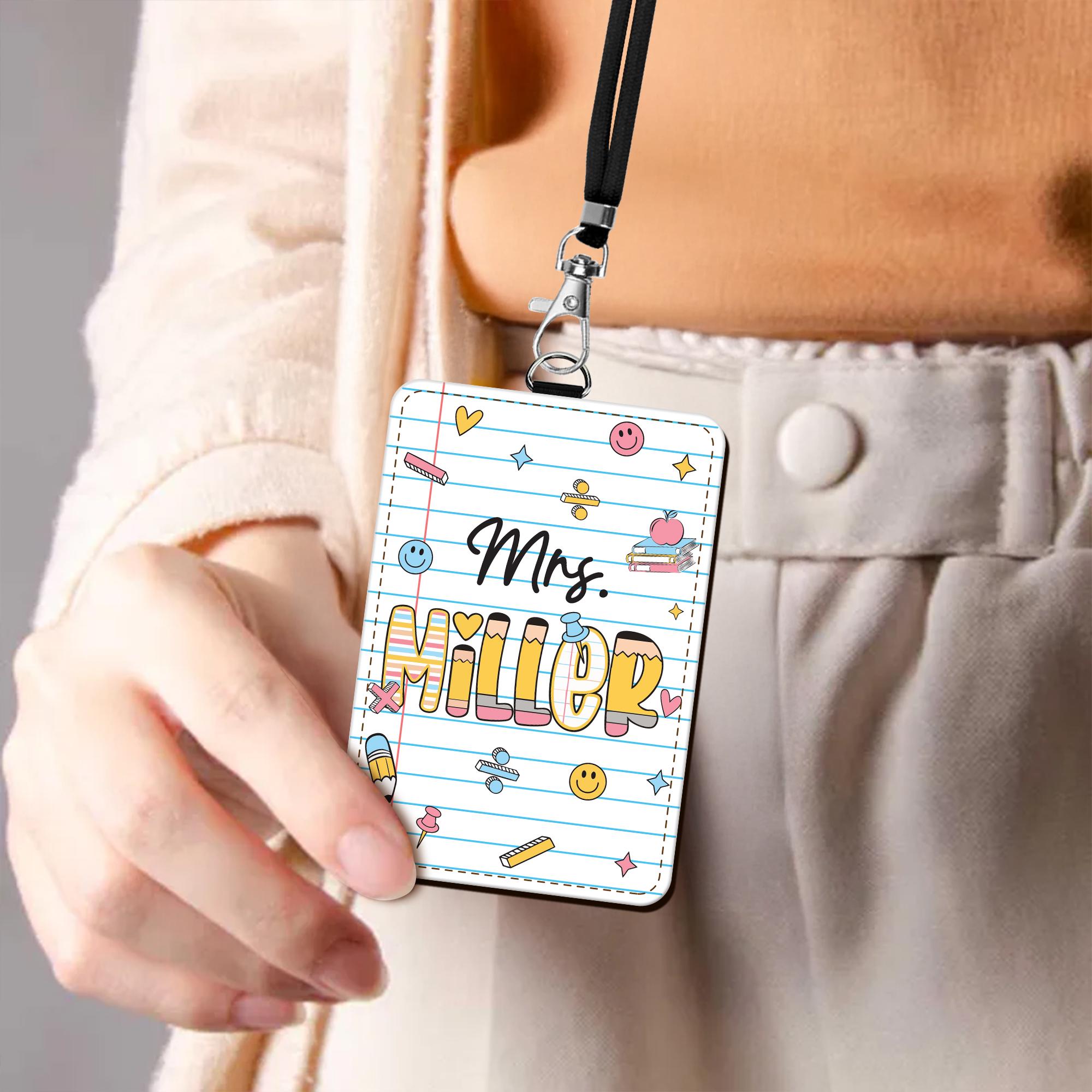 Personalized Teacher Back To School Gift, Custom Teacher Leather ID Card Holder, Custom Teacher Lanyard Accessories, Teacher School Supplies
