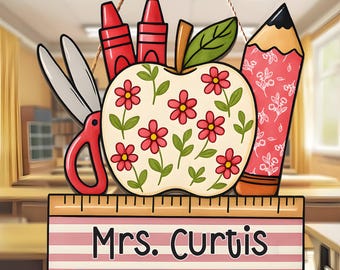 Personalized Teacher Door Sign, Floral Apple Classroom Decor, Back to School Wood Sign, Chinoiserie Teacher Gift, Custom Pencil Ruler Plaque