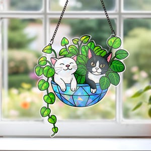 White Cat & Tuxedo Cat Plant Pot Ornament, Cat ACRYLIC Window Hanging, Hologram Acrylic, Cat Lover Gift, Plant Decor, Gift For Mom