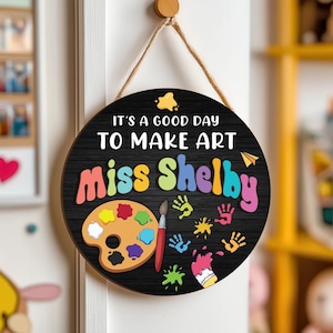 Letrero colgante personalizado para puerta de profesor de arte, letrero personalizado para profesor de arte, letrero con nombre personalizado para profesor, letrero decorativo para clase de arte, regalos para la vuelta al cole