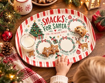 May include: An oval ceramic serving tray with red and white striped edges, featuring the text Snacks for Santa, Love, the Wilson Family, and illustrations of a Christmas tree, a reindeer, holly, and wreaths labeled Something to Eat and Drink.