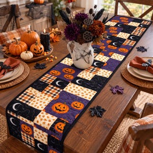 May include: A quilted table runner featuring a patchwork design of Halloween-themed squares. The fabric patterns include orange jack-o'-lanterns on purple, white crescent moons on black, candy corn on cream, and orange and black plaid squares.
