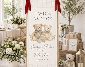 Custom Twin Baby Shower Sign, Personalized Twin Hot Air Balloon & Teddy Bear Fabric Banner, Double The Joy Party Backdrop Decor