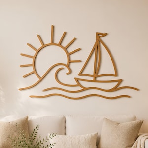 May include: A brown wall-mounted metal art piece featuring a linear design of a sailboat on wavy water next to a rising sun with radiating rays. The minimalist outline depicts a nautical scene with a single mast and sail on a boat.