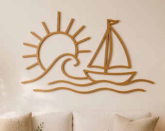 Wooden Sailboat Wall Art, Sunrise Ocean Wave Wood Sign, Coastal Beach House Decor