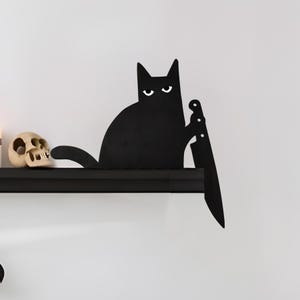 面白い黒猫のデコレーションサイン、ナイフを持ったハロウィン猫、ドア枠デコレーション、ハロウィンドアコーナー木製サイン、猫ドアトッパー、クリスマスギフト