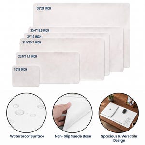 Peut inclure: Plusieurs tapis de bureau rectangulaires blancs de diff&eacute;rentes tailles, dont 91,4 x 61 cm, 89,9 x 42,9 cm, 81,3 x 40,6 cm, 80 x 39,9 cm, 59,9 x 30 cm et 25,4 x 20,3 cm. Comprend une surface imperm&eacute;able et une base en daim antid&eacute;rapante.