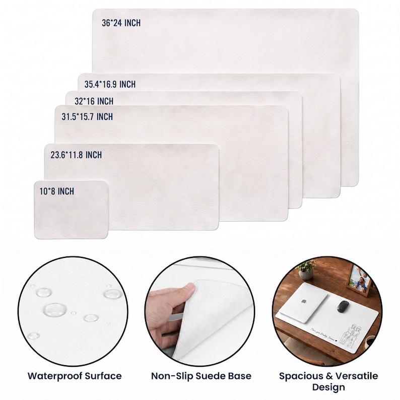 Peut inclure: Plusieurs tapis de bureau rectangulaires blancs de diff&eacute;rentes tailles, dont 91,4 x 61 cm, 89,9 x 42,9 cm, 81,3 x 40,6 cm, 80 x 39,9 cm, 59,9 x 30 cm et 25,4 x 20,3 cm. Comprend une surface imperm&eacute;able et une base en daim antid&eacute;rapante.
