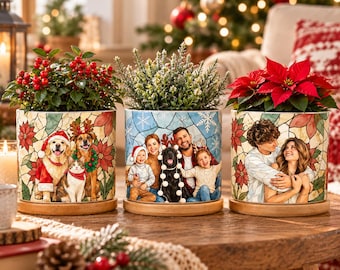 Personalized Family Photo Planter, Custom Ceramic Succulent Pot with Bamboo Tray, Christmas Gift for Mom Grandma, Picture Plant Pot Decor