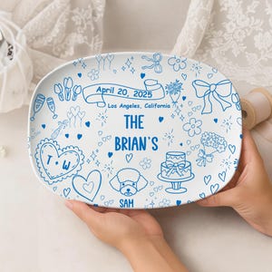 Personalized Toile de Jouy Platter, Custom Family Name Plate, Wedding Gift for Couple, Blue Floral French Country Home Decor