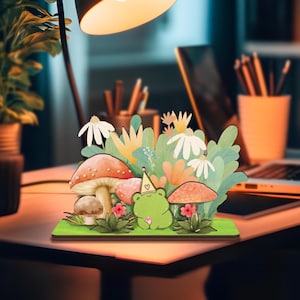 Cartão de aniversário de sapo personalizado – Cartão de animal fofo Cottagecore, sapos felizes com cogumelos, presente de caixa de correio exclusivo, alternativa de brinquedo de mesa pop-up faça você mesmo