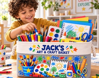 May include: A rectangular fabric storage basket with rope handles, featuring the text 'JACK'S ART & CRAFT BASKET' and colorful illustrations of paintbrushes, a palette, a sketchbook, glue, and scissors on a gray and white background.