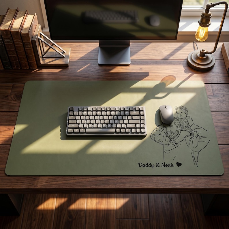Peut inclure: Un tapis de bureau vert sauge avec un clavier, une souris et une illustration en noir et blanc d'un p&egrave;re et d'un enfant. Le texte "Daddy & Noah" est en dessous. Le tapis est sur un bureau en bois.