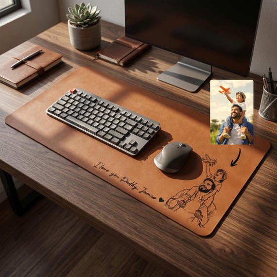 Personalized Leather Desk Mat from Photo, Custom Line Art Mouse Pad for Dad, Father’s Day Gift for Husband, Daddy Picture Desk Pad Mouse Mat