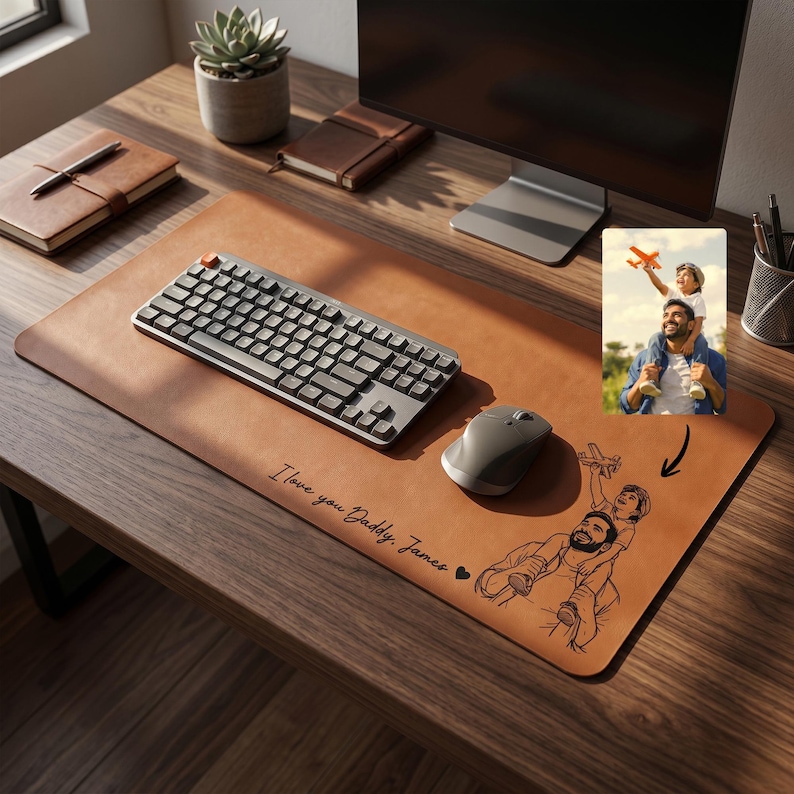 Peut inclure: Un tapis de bureau en cuir marron avec un clavier, une souris et une petite photo. Le tapis porte l'inscription "I love you Daddy, James" et un croquis d'un p&egrave;re et d'un enfant. Une plante succulente et un carnet sont &eacute;galement sur le bureau en bois.