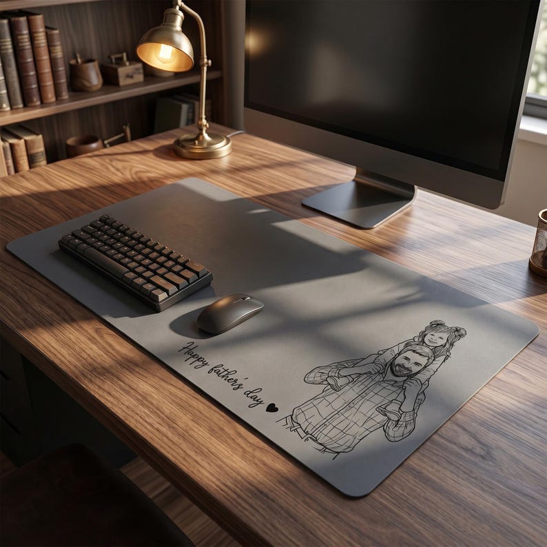 Peut inclure: Un tapis de bureau gris avec un clavier noir, une souris et un &eacute;cran d'ordinateur. Le tapis pr&eacute;sente un dessin au trait d'une personne portant un enfant, avec le texte "Happy fathers day".