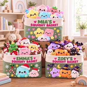 May include: Three green fabric storage baskets with rope handles, each personalised with names Mia, Emma, and Zoey and the text SQUISHY BASKET. The baskets are filled with colourful, smiling squishy toys featuring stars, clouds, holiday themes, and pumpkins.