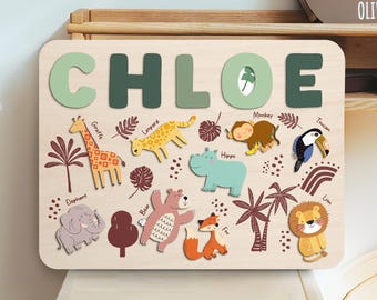 Safari Nursery Theme, Montessori Toys, Personalized Baby Gift, Jungle Animals Puzzle Board, Birthday Gift for Kids, Toddlers - LightUpStar