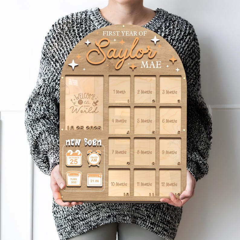 Baby's First Year Photo Frame - 12 Month Milestone Board With Custom Date Display
